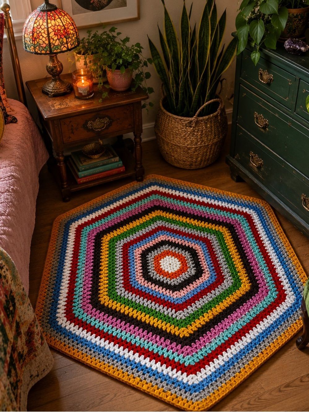 Handmade Crochet Hexagon Rug Boho Rainbow Cottagecore Accent Rug 38”x44”